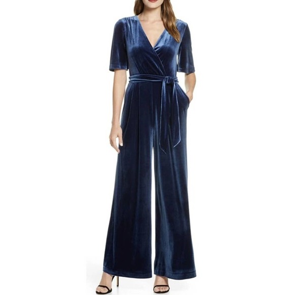 Eliza J Pants - Eliza J. Velvet Wide Leg Faux Wrap Jumpsuit Womens Size 8 Blue Belted